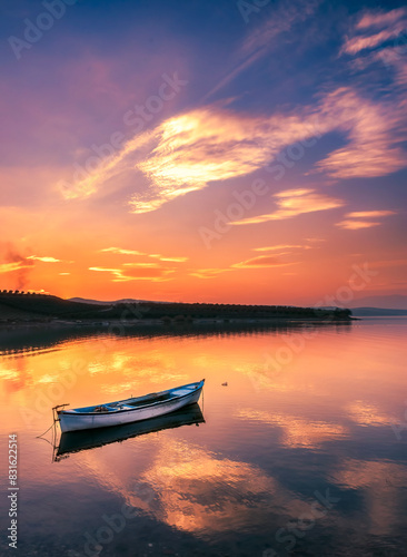 boats waiting in the reflective water clouds in the sky sunset colors © Aytug Bayer