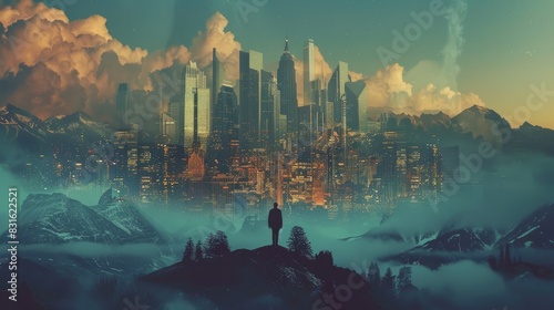 City and mountain background concept. State of mind photo