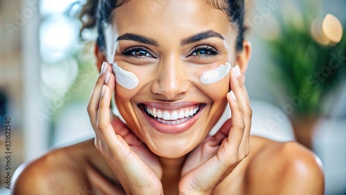 Close-up shot of a youthful woman happily applying moisturizer on her face during her skincare routine photo