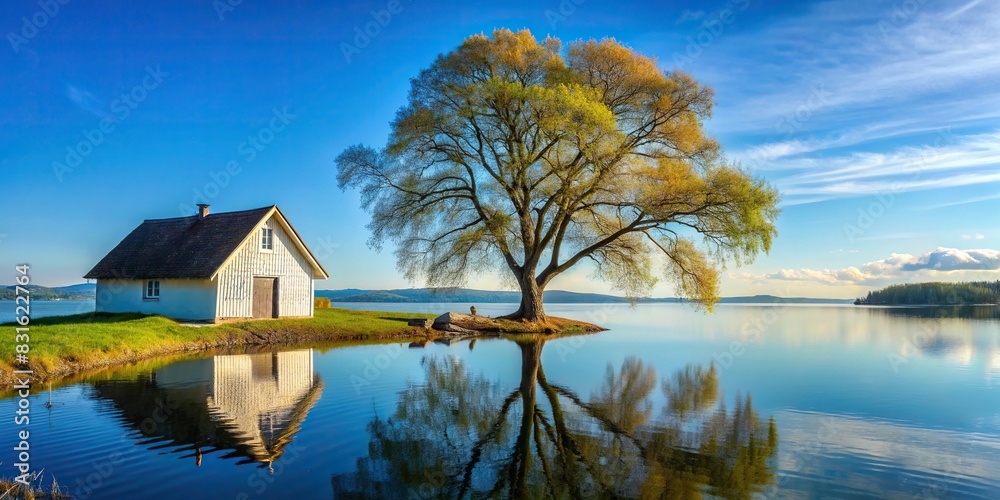 White cottage next to lone tree at lake with clear blue sky