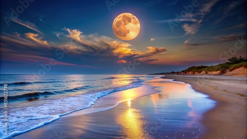 Scenic beach view of moon rise with no people