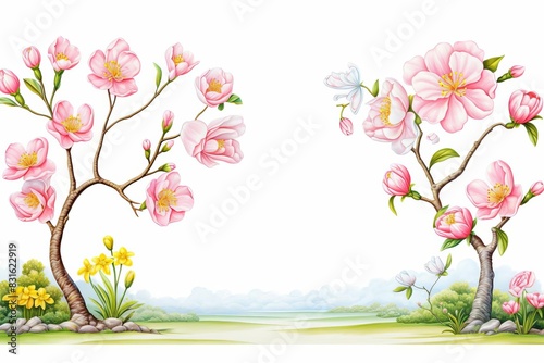 Cherry Blossom Festival Border  Watercolor Spring Seasonal Border  watercolor illustration  isolated on white background