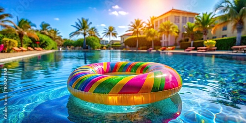 Colorful inflatable toy ring floating in a pool on a sunny day with tropical resort in the background