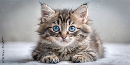 Lovely large gray tabby kitten with fluffy fur and blue eyes photo