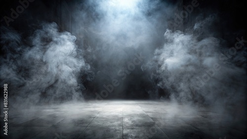 Abstract dark room with foggy mist on black background photo