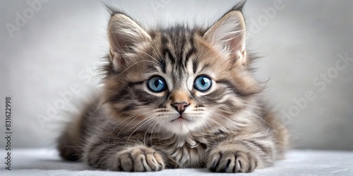 Lovely large gray tabby kitten with fluffy fur and blue eyes photo