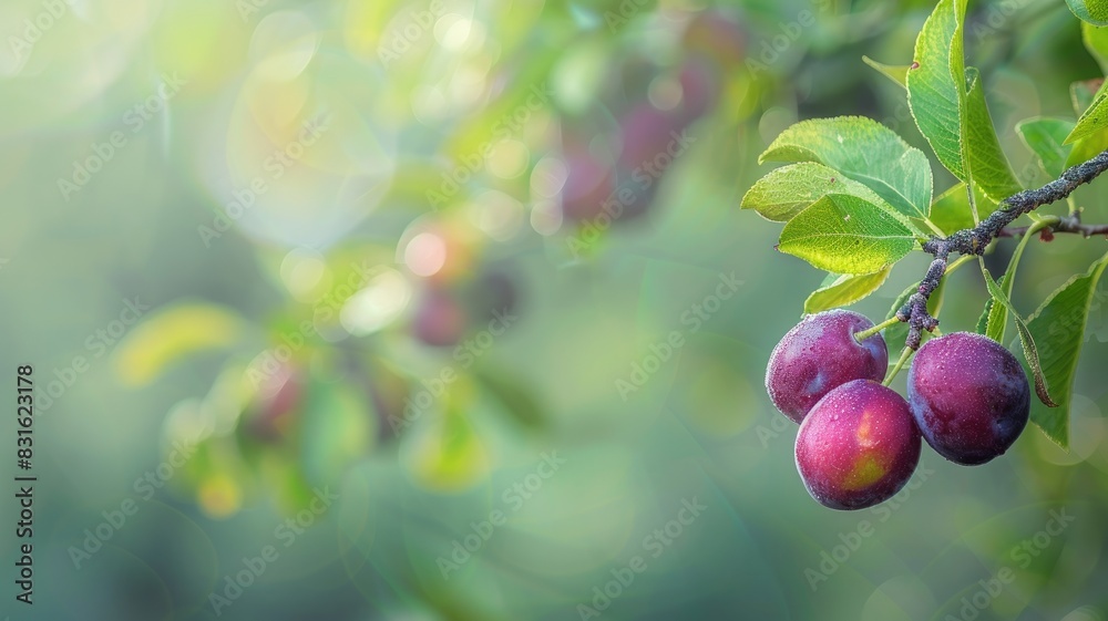 Close-up of ripe plums on tree branch in daylight Close-up of ripe plums on tree branch in daylight