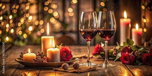 Romantic still life with two wine glasses and candles on a table