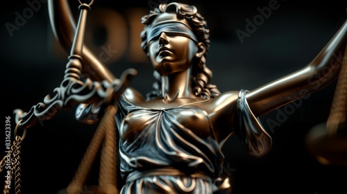 A statue of a woman with a blindfold on her head, Themis or Lady Justice concept