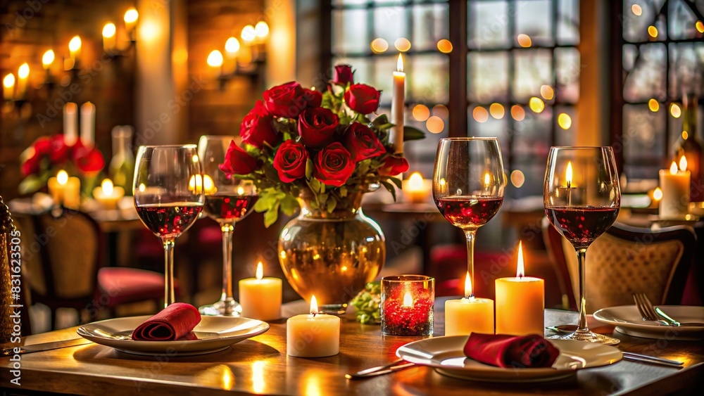 Romantic Valentine's Day dinner setting at an elegant restaurant table with wine, candles, and dim lighting