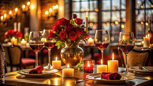 Romantic Valentine s Day dinner setting at an elegant restaurant table with wine  candles  and dim lighting