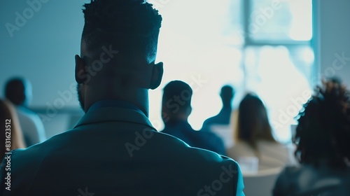 Millennial employees gathered in boardroom for training black boss ceo leader leading corporate team during seminar learning at modern office Internship and leadership coaching and edu : Generative AI photo