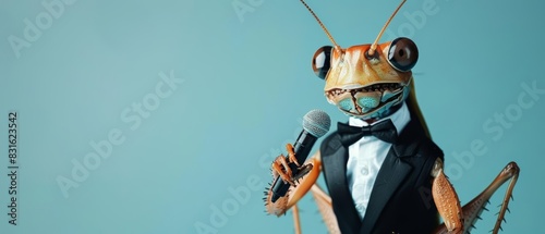 A cricket in a formal tuxedo, holding a microphone and singing, against a blue background with copy space