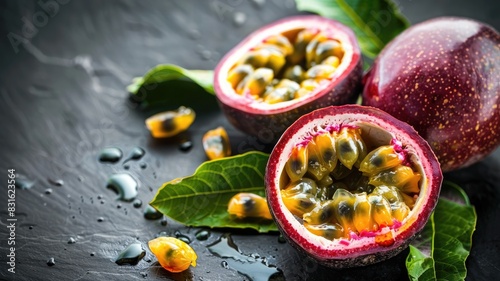Wallpaper Mural Whole and halved passion fruits with seeds on wet slate surface green leaves Torontodigital.ca