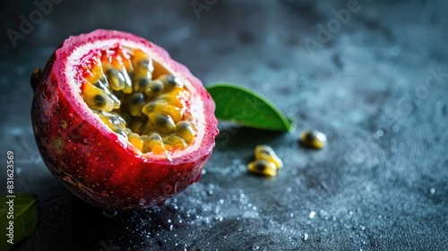 Close-up of halved passion fruit with seeds spilling out on dark background photo