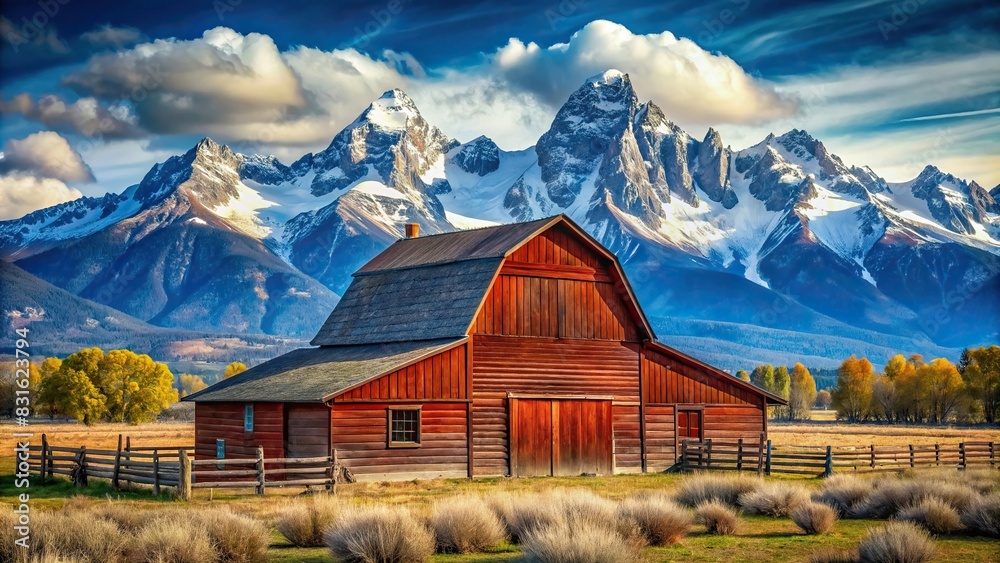Rustic watercolor landscape depicting a red barn with snow-capped mountains and clear skies in the background