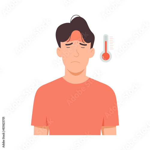 Man feeling sick with high fever, suffering from influenza uses, thermometer to measure. Vector illustration isolated on white background.