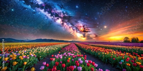 Vibrant field of colorful flowers under a starry night sky photo