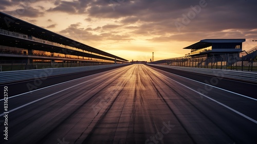 A wide-angle shot of the asphalt of an international race track at sunset in the evening.