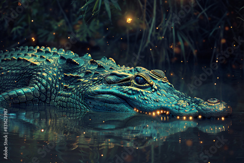 A crocodile is swimming in a pond with glowing eyes