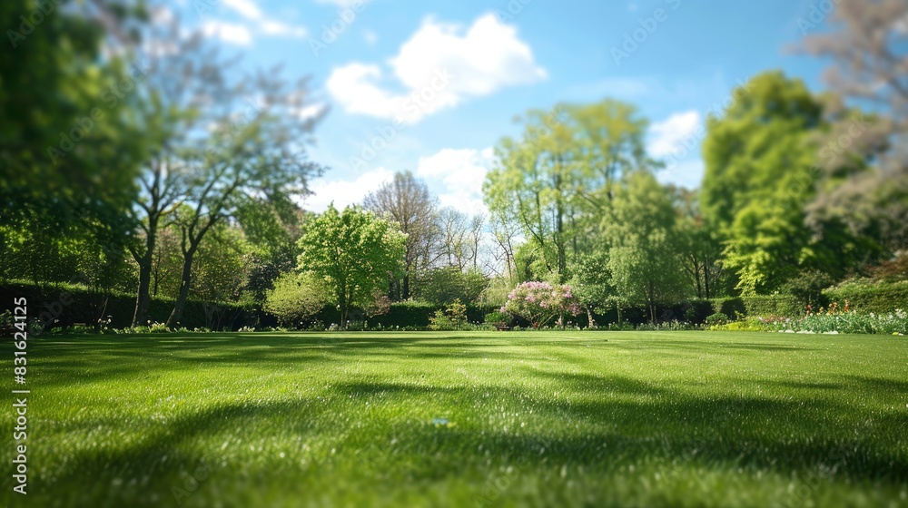 Beautiful spring nature background image with a neatly trimmed lawn surrounded by trees against a blue sky with clouds on a sunny day - Generative ai