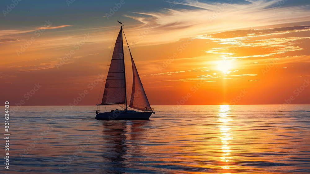 Sailboat glides on tranquil sea during vibrant sunset, creating serene atmosphere