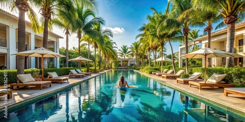 Luxurious hotel resort swimming pool with woman relaxing in the water, surrounded by palm trees and cabanas photo