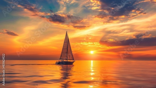 Sailboat on calm sea at sunset with vibrant sky
