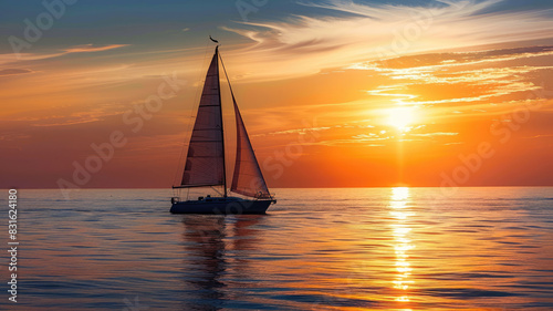 Sailboat glides on tranquil sea during vibrant sunset, creating serene atmosphere