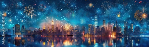 Golden Fireworks and Skyline Silhouette on Dark Blue Background - Happy New Year Celebration Panoramic Banner.