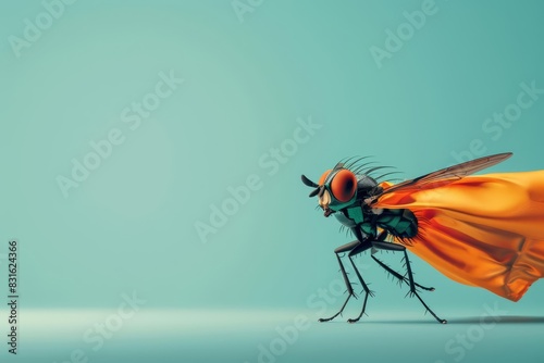 A fly dressed as a superhero with a cape and mask, standing in a heroic pose, against a light blue background with copy space photo
