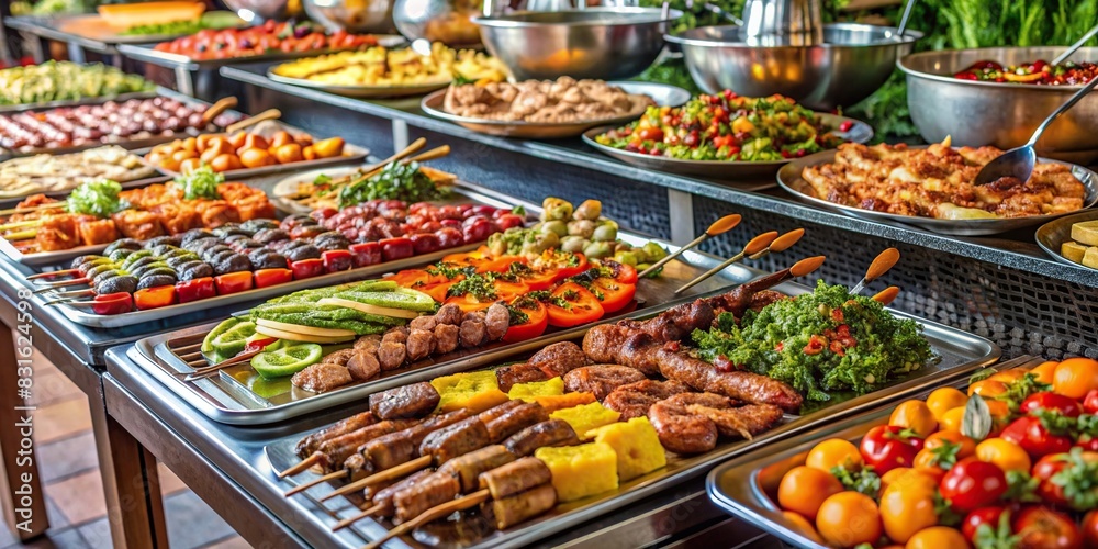 Buffet setup at an indoor event with a variety of grilled meats, vegetables, and street food