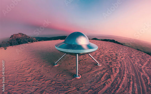 Futuristic UFO-like spacecraft with metallic dome and four legs landed on sandy terrain at sunset, pink and purple sky gradient.