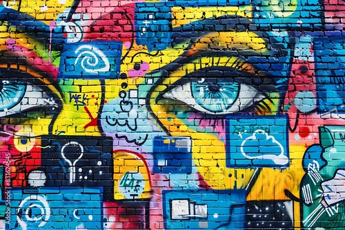Depiction of a colorful graffiti wall with symbols of communication