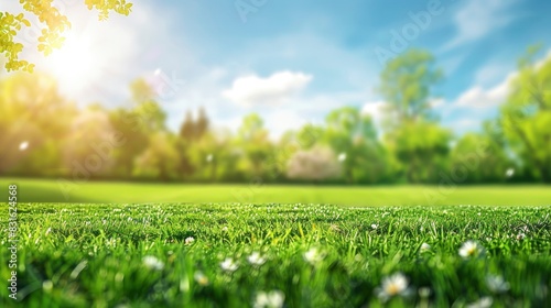 Beautiful spring nature background image with a neatly trimmed lawn surrounded by trees against a blue sky with clouds on a sunny day - Generative ai