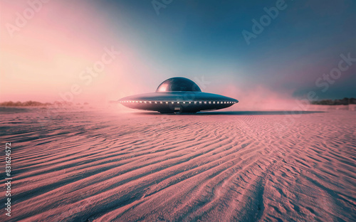 Futuristic UFO spacecraft landed on sandy desert landscape during sunset, swirling dust.