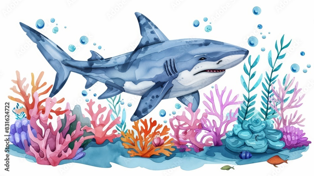 Fototapeta premium A kawaii water color of a majestic shark, gliding through the deep blue sea among colorful coral reefs, Clipart isolated on white