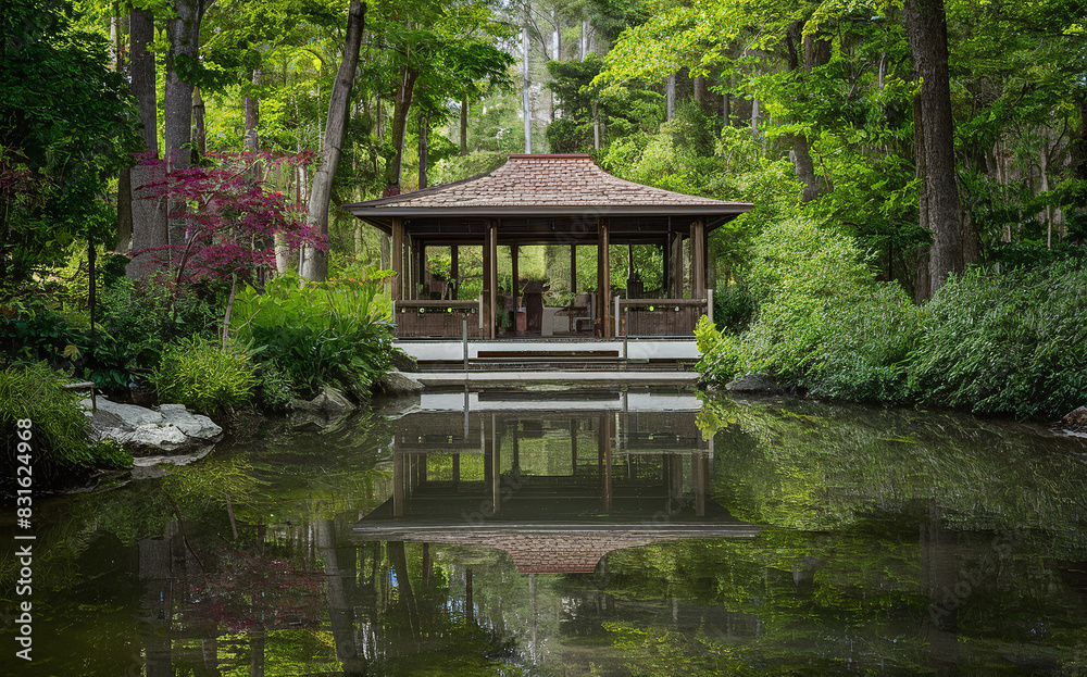 Serene Japanese tea house surrounded by lush greenery reflected in a calm pond, no people. Serene Japanese tea house surrounded by lush greenery reflected in a calm pond, no people.