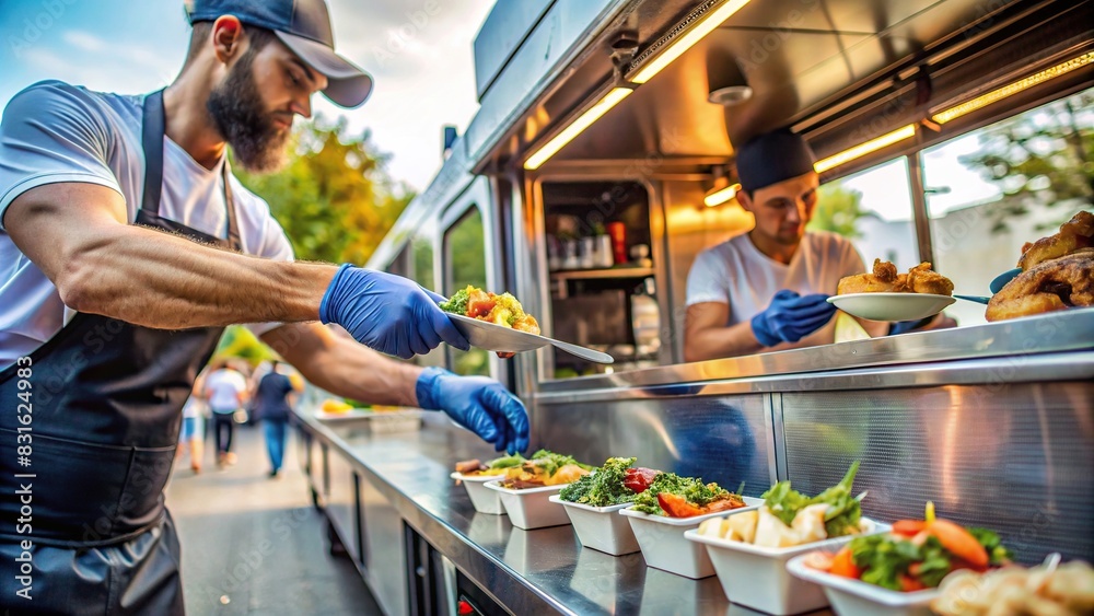 Close-up of hands crafting mouthwatering dishes inside a modern food truck surrounded by a busy street scene