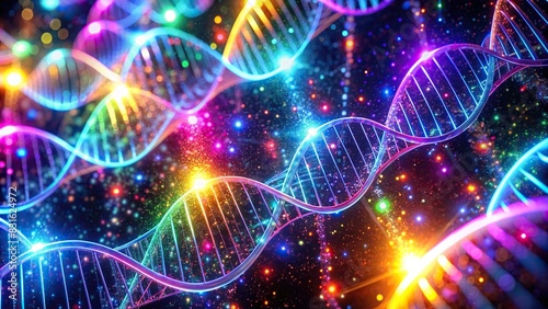 Futuristic neon bright DNA strands abstractly overlaid photo