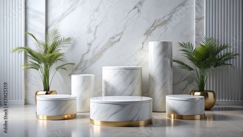 Background podium display stand platform made of white marble stone for showcasing products  with a minimalistic and elegant design