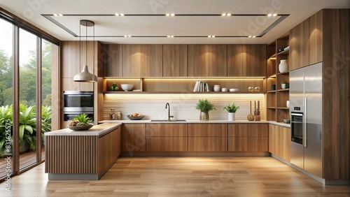 Modern minimalist kitchen with beige floor-to-ceiling cabinets, walnut wood open cabinets with LED lights, and a floating ceiling, bathed in natural light photo