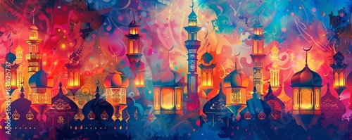 Abstract Islamic Eid card  geometric lantern patterns  festive colors