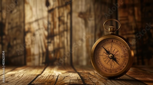 A single compass on a wooden background with a blurred backdrop suitable for advertising