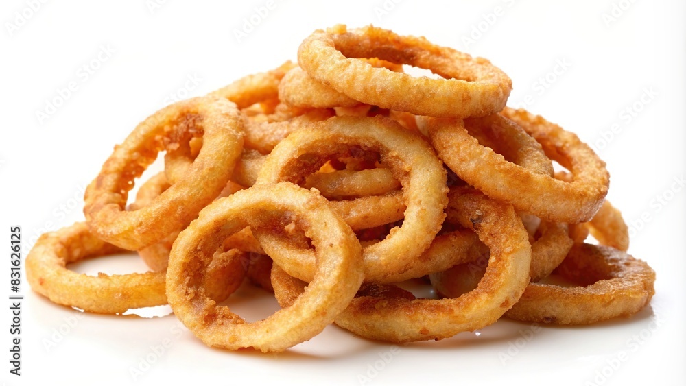 Heap of onion rings arranged neatly on a plain white background
