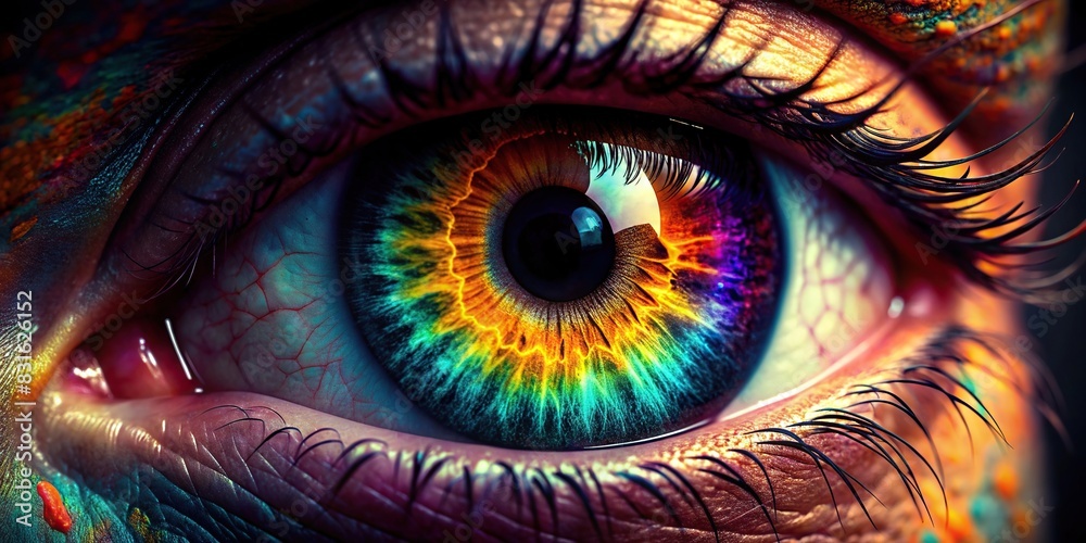 Close up of a vibrant eye iris on a dark background, showcasing intricate details and textures