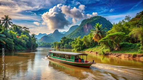 Scenic view of a boat trip on the Mekong River with lush greenery and calm waters photo