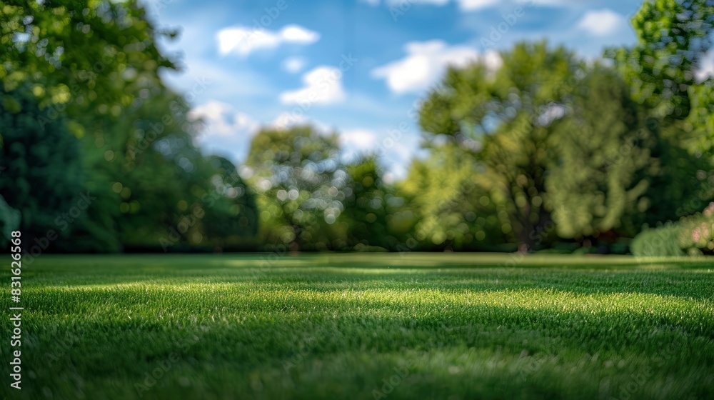 Beautiful spring nature background image with a neatly trimmed lawn surrounded by trees against a blue sky with clouds on a sunny day - Generative ai