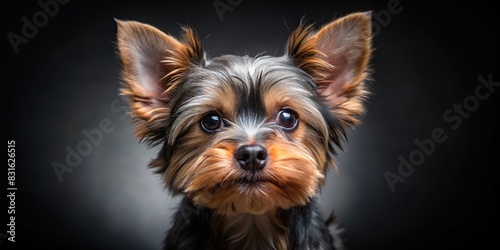 Close-up of a curious Yorkie puppy with a glimpse of loyalty on a dark background