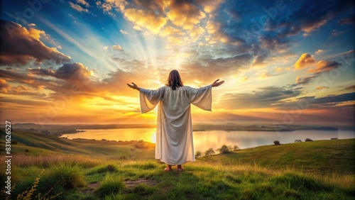 Description A serene landscape with open arms symbolizing forgiveness and redemption in Christian faith photo